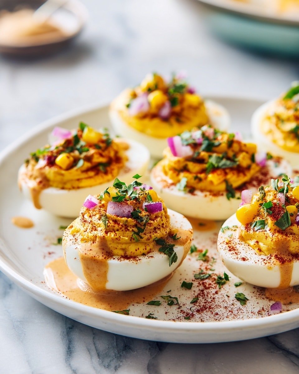 Elote Deviled Eggs: 12 Fiesta Delights Recipe - Recipe Image — Elote Deviled Eggs, Fiesta Deviled Eggs, Mexican Street Corn Deviled Eggs, Summer Appetizer Ideas, Crowd-Pleasing Egg Recipes