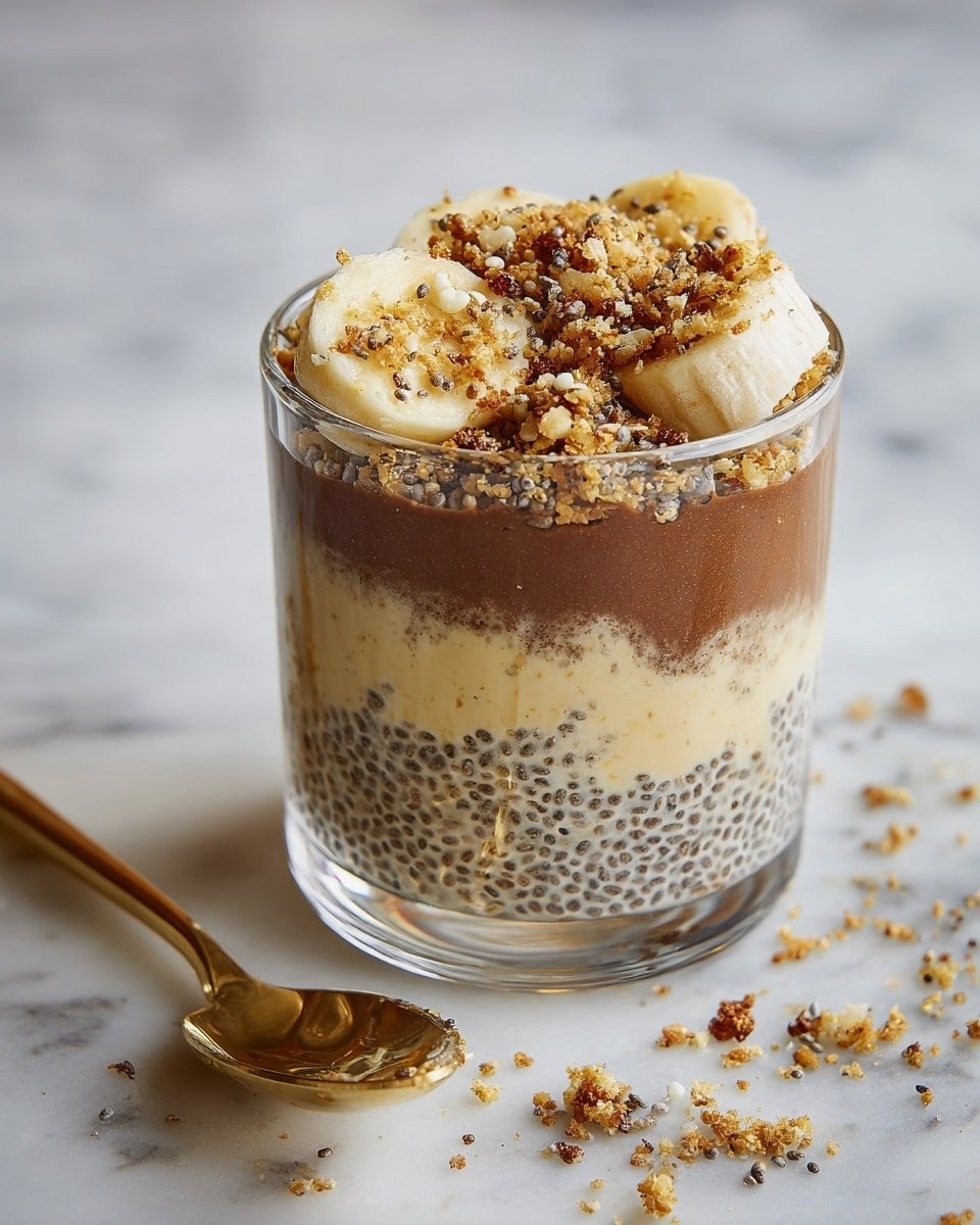 A clear glass cup shows three layers: the bottom layer is thick and smooth dark brown, the middle layer is creamy and light brown with many small black chia seeds spread evenly, and the top layer is a mix of crunchy crumbs and light brown banana slices. The cup is set on a white marbled surface with some crumbs scattered around and a golden spoon nearby. Photo taken with an iphone --ar 4:5 --v 7 — Apple Crumble Chia Pudding, healthy apple chia pudding, autumn-inspired chia pudding, easy apple dessert, wholesome chia pudding recipes