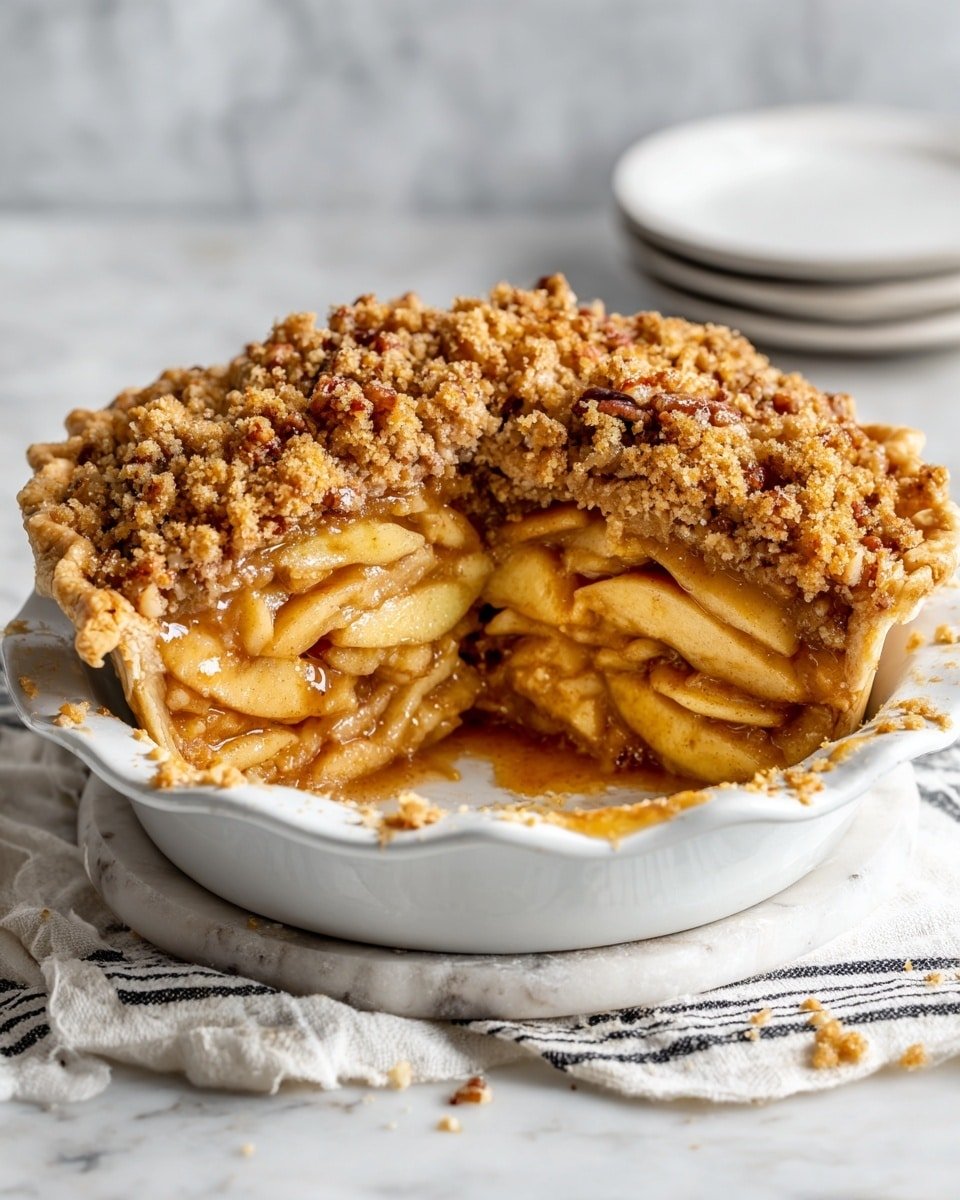 The image shows a white pie dish filled with a layered apple pie. The bottom layer consists of thin, golden-brown apple slices with a glossy, caramelized texture in a sticky sauce. Above the apples is a thick, crumbly topping made of light brown streusel mixed with pieces of pecans, giving it a rough and crunchy look. A large slice has been removed from the pie, exposing the neat layers of apples and the crust at the bottom, which is lightly golden and flaky. The dish is set on a white marbled surface with a folded white cloth with black stripes in the background. Photo taken with an iphone --ar 4:5 --v 7 — Huevos Rancheros, best Huevos Rancheros, Mexican breakfast recipes, easy huevos rancheros, spicy breakfast idea