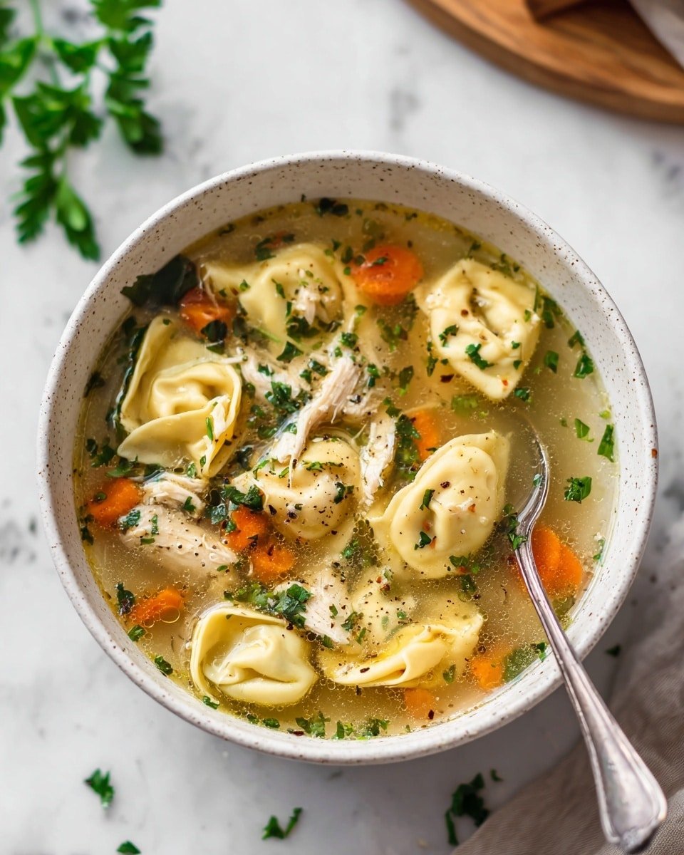 Chicken Tortellini Soup Recipe - Recipe Image — Chicken Tortellini Soup, quick chicken tortellini soup, comforting chicken soup with tortellini, easy homemade tortellini soup, hearty chicken and pasta soup