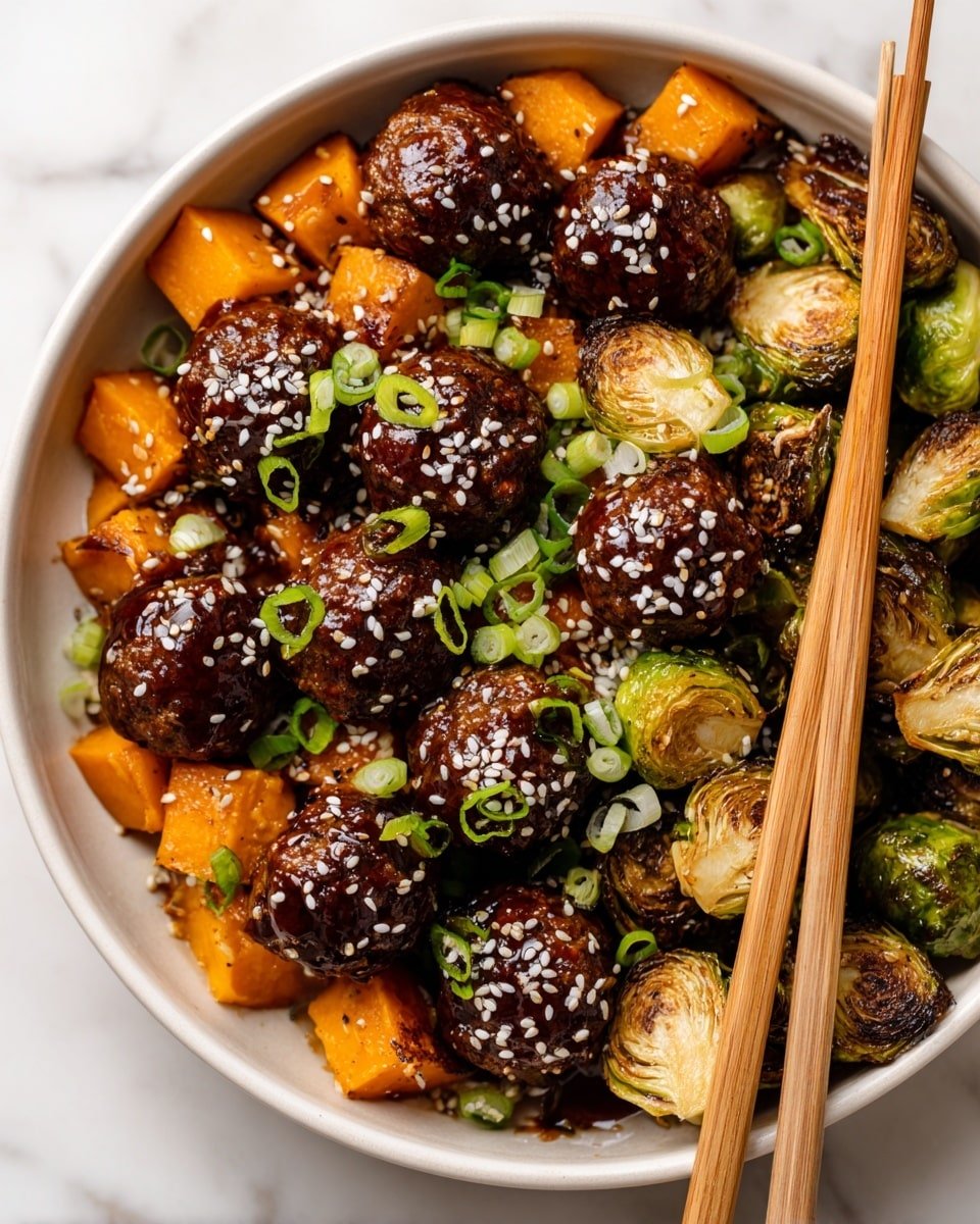 Korean BBQ Meatballs and Vegetables Recipe - Recipe Image — Korean BBQ Meatballs and Vegetables, Korean-inspired meatballs, Korean BBQ dinner ideas, savory Korean meatball recipe, easy Korean dinner