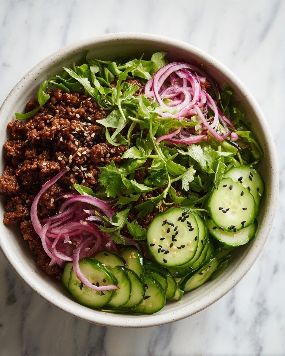 Spicy Korean Ground Beef with Cucumber Salad Recipe - Recipe Image — Spicy Korean Ground Beef with Cucumber Salad, Korean-inspired ground beef recipe, quick Korean ground beef dinner, easy Korean beef stir-fry, healthy beef and cucumber salad