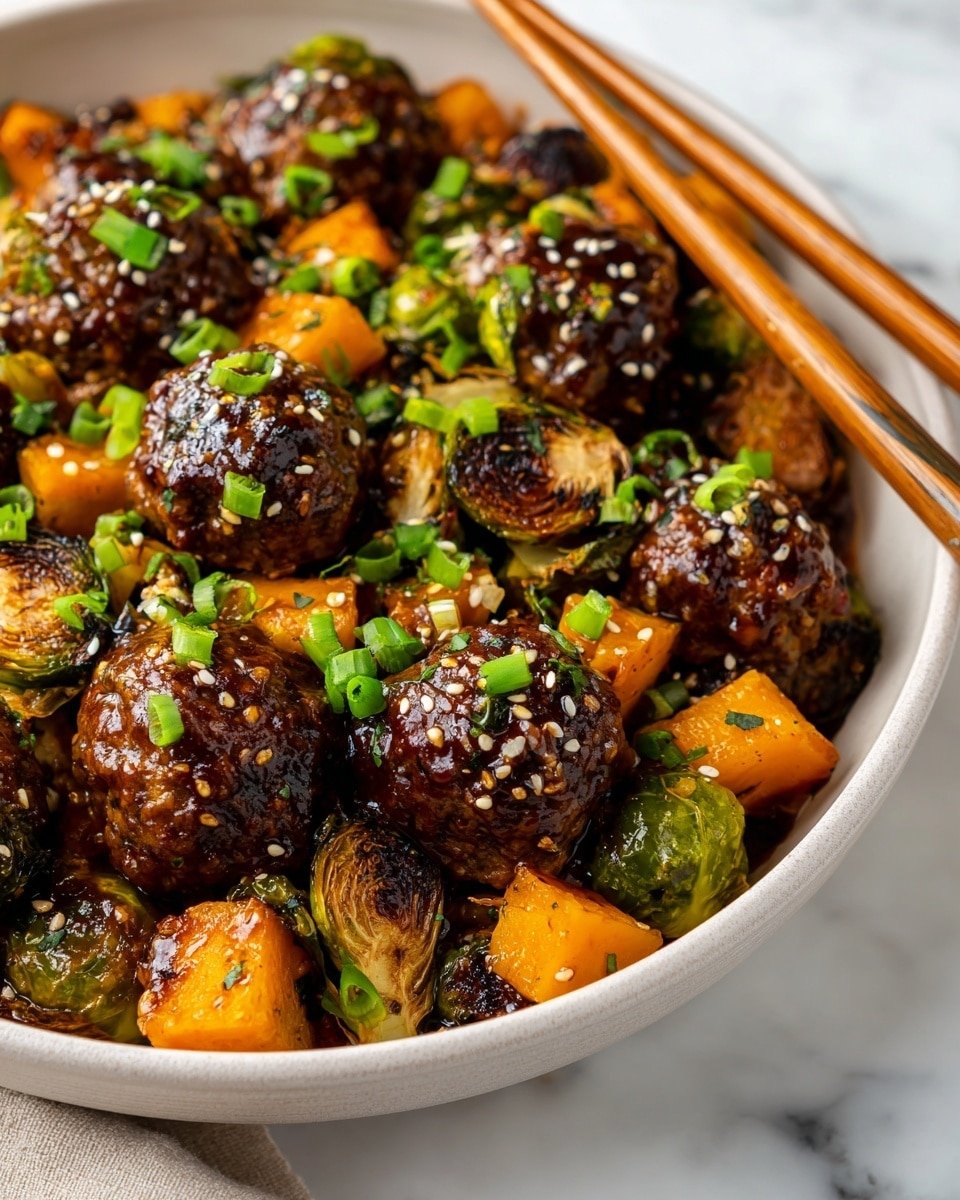 Korean BBQ Meatballs with Roasted Vegetables Recipe - Recipe Image — Korean BBQ Meatballs with Roasted Vegetables, Korean BBQ Meatballs, Easy Korean Meatball Recipe, Juicy Meatball Dinner, Healthy Roasted Vegetable Dish