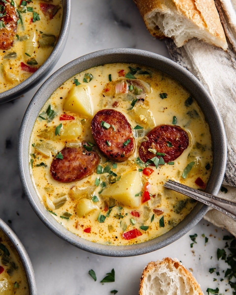 Cajun Potato Soup with Sausage and Cheddar Recipe - Recipe Image — Cajun Potato Soup with Sausage and Cheddar, Cajun Potato Soup, hearty sausage soup, creamy potato chowder, spicy sausage and cheddar soup