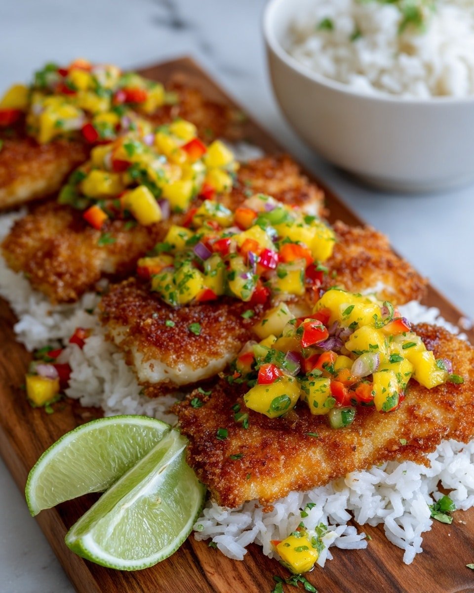 Coconut Crusted Salmon with Pineapple Salsa Recipe - Recipe Image — Coconut Crusted Salmon with Pineapple Salsa, tropical salmon recipe, baked salmon with tropical salsa, healthy salmon dinner, easy seafood recipes