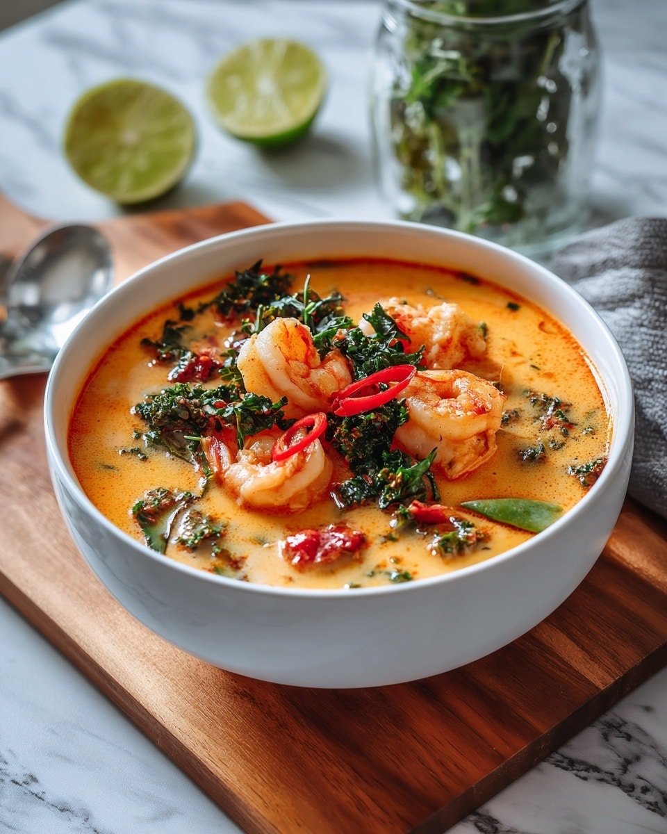 A white bowl filled with creamy orange soup on a wooden board. The soup has visible large pink shrimp on top, with pieces of green leafy herbs scattered around. There are also slices of red chili and green vegetables mixed into the soup. In the background, there are two lime halves on a light wooden surface and a glass jar holding green herbs, all set on a white marbled texture. The colors are bright and fresh, showing a rich and fragrant seafood soup. photo taken with an iphone --ar 4:5 --v 7 — Thai Coconut Shrimp Soup, Thai Coconut Soup, Shrimp Soup Recipe, Coconut Milk Soup, Thai Seafood Soup