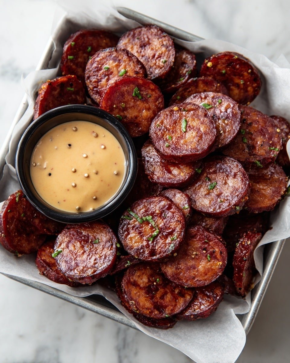 Mustard Hasselback Kielbasa Bites Recipe - Recipe Image — Mustard Hasselback Kielbasa Bites, kielbasa appetizer, crispy sausage bites, easy party snacks, grilled sausage recipe
