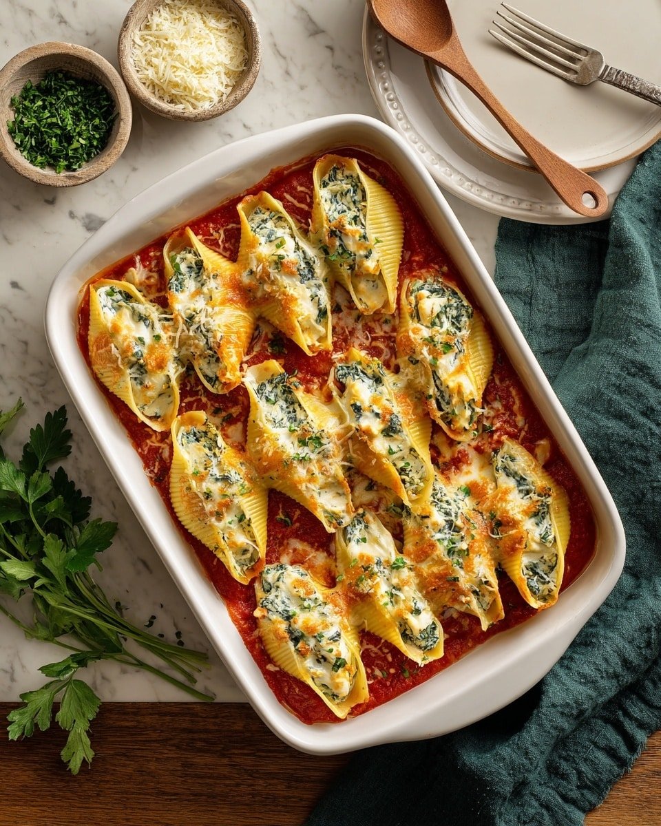 Tofu Ricotta Stuffed Shells with Spinach Recipe - Recipe Image — Tofu Ricotta Stuffed Shells with Spinach, vegetarian stuffed shells, vegan baked pasta, healthy Italian comfort food, plant-based stuffed pasta