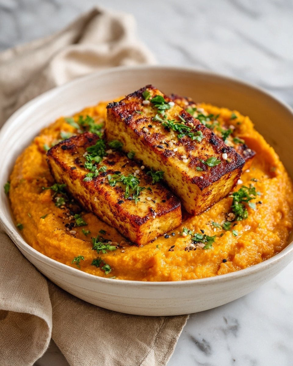 Tofu Steak with Mashed Sweet Potato Recipe - Recipe Image — Tofu Steak with Mashed Sweet Potato, plant-based tofu steak recipes, healthy vegan dinner ideas, easy sweet potato side dishes, comforting vegetarian meals