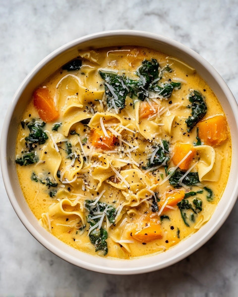 Butternut Squash Lasagna Soup with Kale & Mozzarella Recipe - Recipe Image — Butternut Squash Lasagna Soup with Kale & Mozzarella, hearty winter soup, healthy lasagna-inspired soup, creamy butternut squash soup, cheesy kale soup