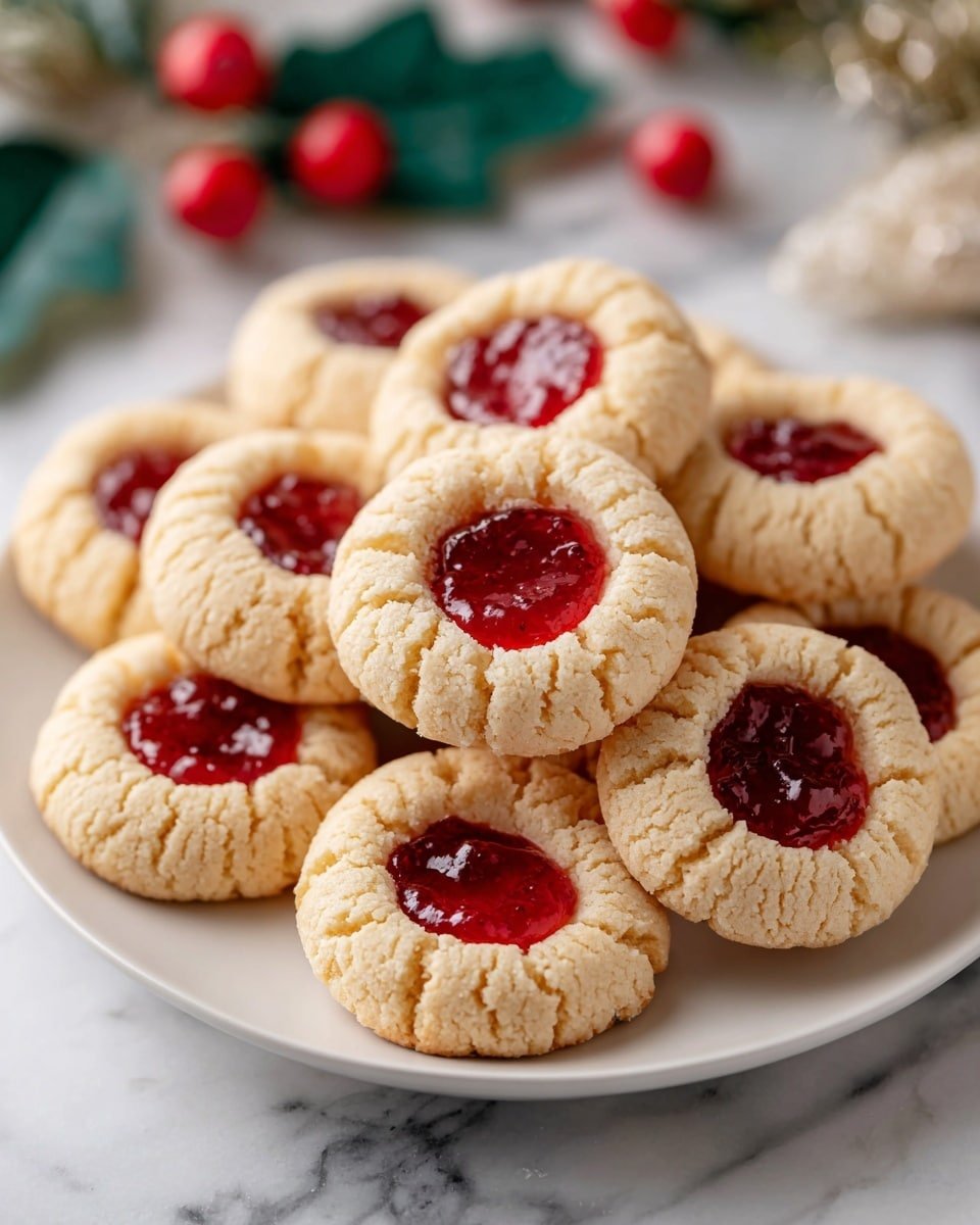 Raspberry Thumbprint Cookies Recipe - Recipe Image — Raspberry Thumbprint Cookies, thumbprint cookies with raspberry jam, homemade raspberry cookies, easy thumbprint cookie recipe, festive raspberry cookies