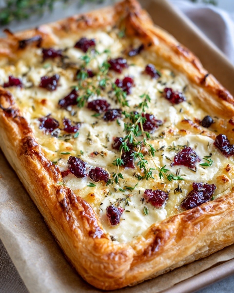 Cranberry Brie Tart with Pancetta & Thyme Recipe - Recipe Image — Cranberry Brie Tart with Pancetta & Thyme, holiday appetizer recipes, easy savory tart, festive brunch ideas, puff pastry tart with cranberry and Brie