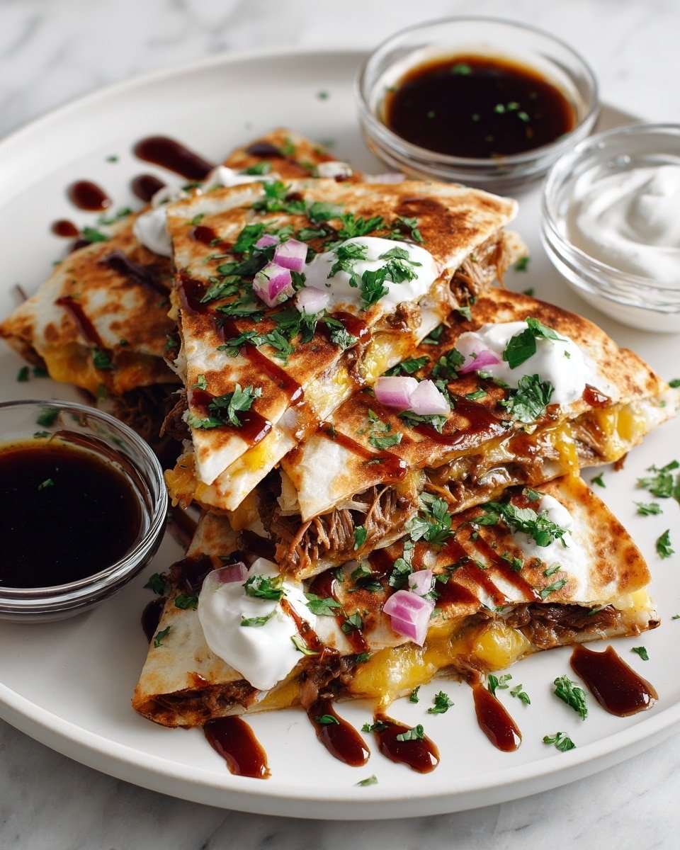 Hot Honey BBQ Chicken Quesadillas Recipe - Recipe Image — Hot Honey BBQ Chicken Quesadillas, easy chicken quesadillas, spicy honey chicken recipe, quick dinner ideas, flavorful cheesy quesadillas