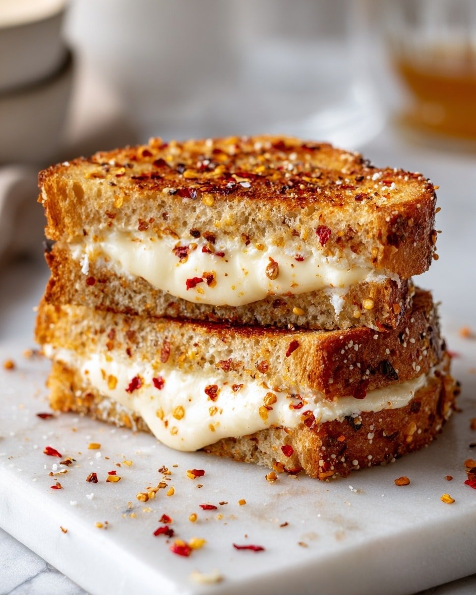 Goat Cheese Grilled Cheese with Honey and Red Pepper Flakes Recipe - Recipe Image — Goat Cheese Grilled Cheese with Honey and Red Pepper Flakes, gourmet grilled cheese sandwich, honey goat cheese sandwich, spicy sweet grilled cheese, fancy grilled cheese ideas