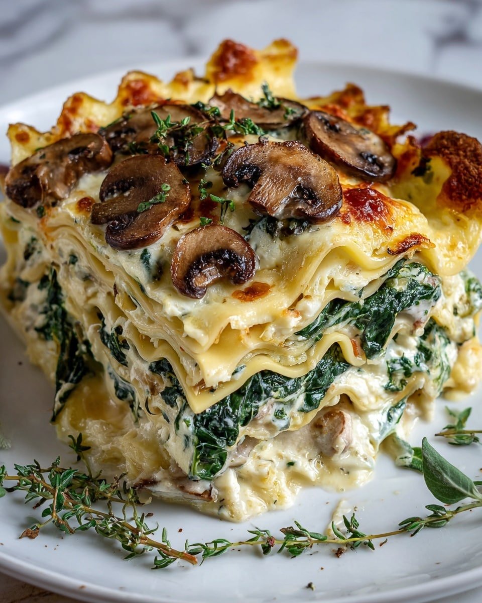 Mushroom and Spinach Lasagna Recipe - Recipe Image — Mushroom and Spinach Lasagna, vegetarian lasagna, healthy Italian casserole, easy veggie lasagna, comforting mushroom spinach dish