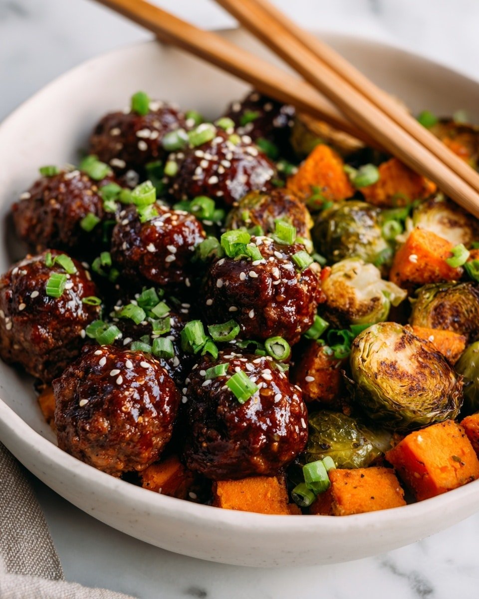 Korean BBQ Meatballs and Vegetables Recipe - Recipe Image — Korean BBQ Meatballs and Vegetables, Korean-inspired meatballs, Korean BBQ dinner ideas, savory Korean meatball recipe, easy Korean dinner