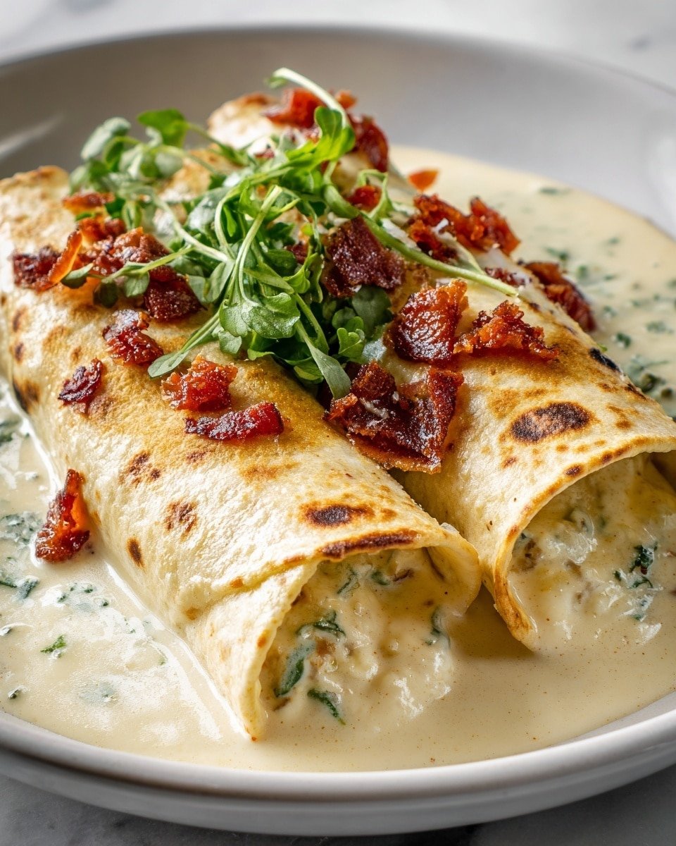 Two rolled tortillas filled with a creamy beige filling sit side by side on a white plate. The tortillas are golden-brown with some light toasty spots and soaked in a thick white sauce that pools around them. On top, there are small red tomato chunks and green leafy herbs scattered evenly, adding bright color to the dish. The texture looks rich and smooth from the sauce, contrasting with the soft tortillas. The surface under the plate has a white marbled texture. photo taken with an iphone --ar 4:5 --v 7 — Chicken Enchiladas with Sour Cream White Sauce, creamy chicken enchiladas, Texas-style chicken enchiladas, easy chicken enchiladas dinner, cheesy chicken enchiladas recipes