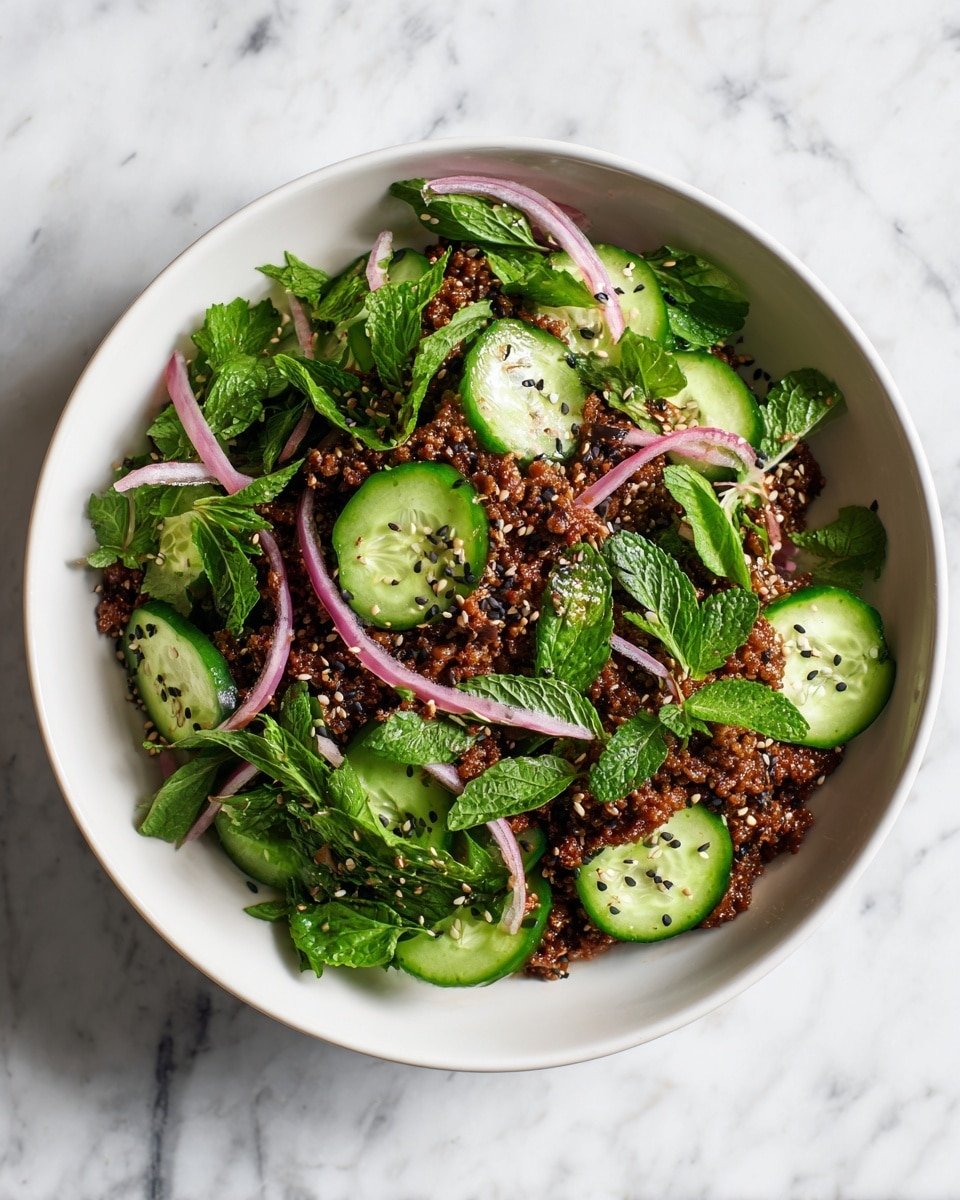 Spicy Korean Ground Beef with Cucumber Salad Recipe - Recipe Image — Spicy Korean Ground Beef with Cucumber Salad, Korean-inspired ground beef recipe, quick Korean ground beef dinner, easy Korean beef stir-fry, healthy beef and cucumber salad