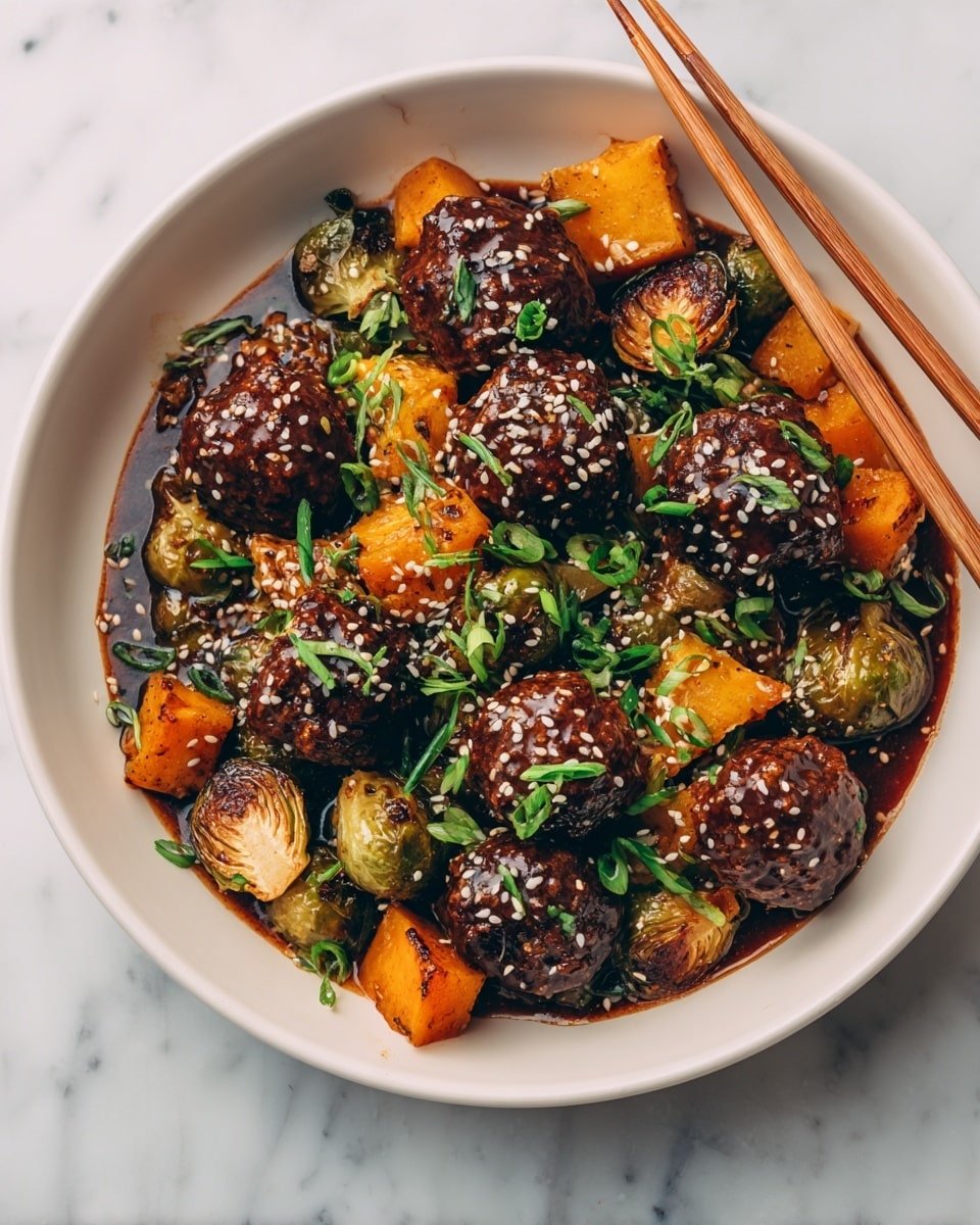 Korean BBQ Meatballs with Roasted Vegetables Recipe - Recipe Image — Korean BBQ Meatballs with Roasted Vegetables, Korean BBQ Meatballs, Easy Korean Meatball Recipe, Juicy Meatball Dinner, Healthy Roasted Vegetable Dish