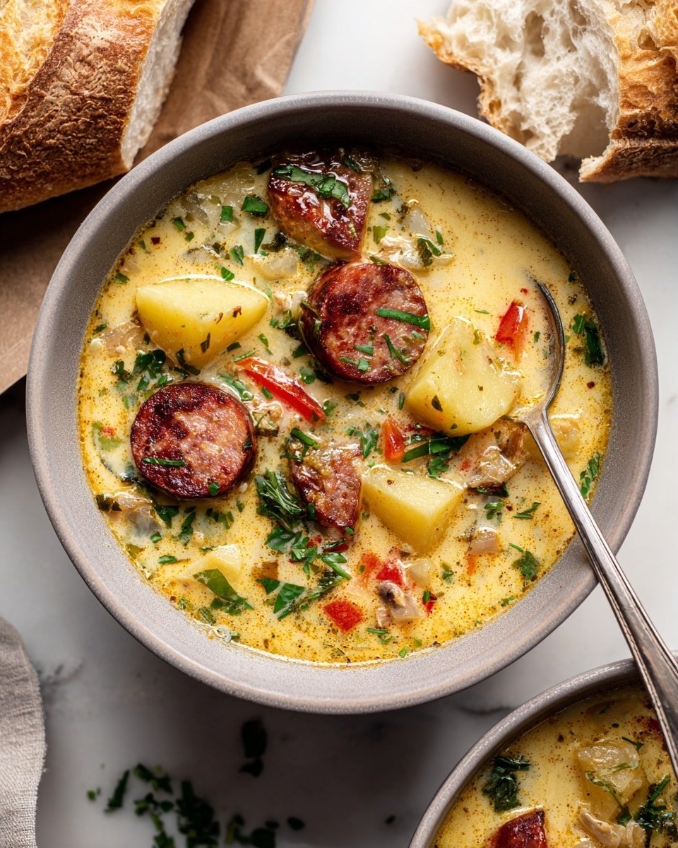 Cajun Potato Soup with Sausage and Cheddar Recipe - Recipe Image — Cajun Potato Soup with Sausage and Cheddar, Cajun Potato Soup, hearty sausage soup, creamy potato chowder, spicy sausage and cheddar soup