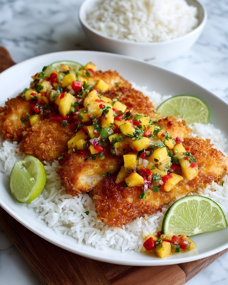 Coconut Crusted Salmon with Pineapple Salsa Recipe - Recipe Image — Coconut Crusted Salmon with Pineapple Salsa, tropical salmon recipe, baked salmon with tropical salsa, healthy salmon dinner, easy seafood recipes