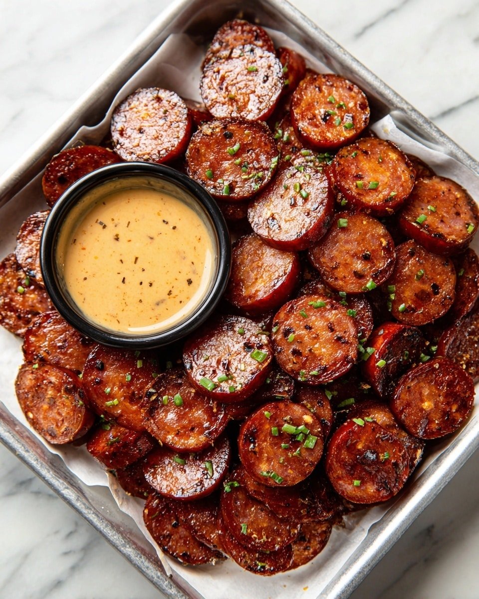 Mustard Hasselback Kielbasa Bites Recipe - Recipe Image — Mustard Hasselback Kielbasa Bites, kielbasa appetizer, crispy sausage bites, easy party snacks, grilled sausage recipe