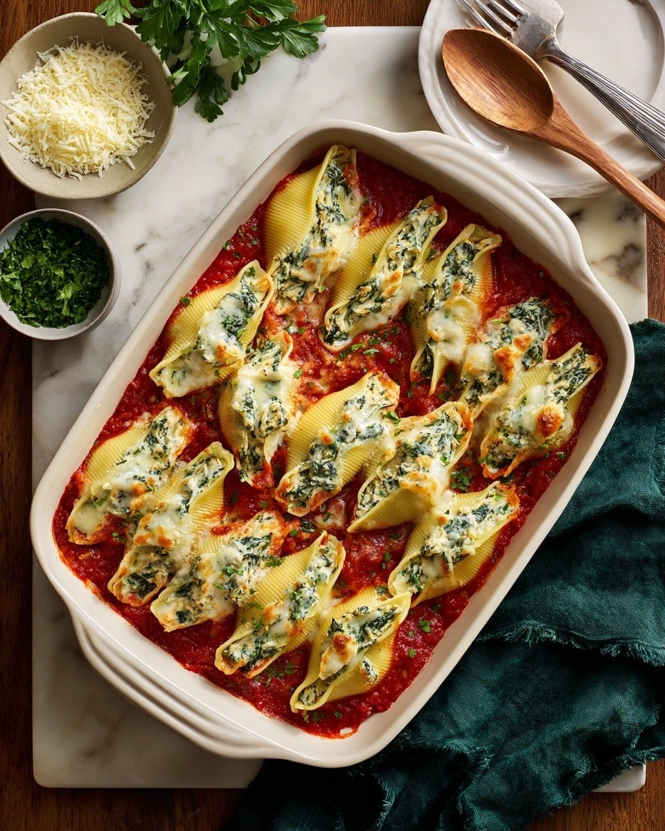 Tofu Ricotta Stuffed Shells with Spinach Recipe - Recipe Image — Tofu Ricotta Stuffed Shells with Spinach, vegetarian stuffed shells, vegan baked pasta, healthy Italian comfort food, plant-based stuffed pasta