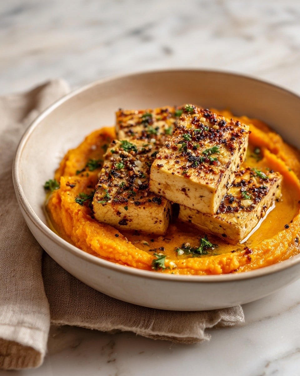 Tofu Steak with Mashed Sweet Potato Recipe - Recipe Image — Tofu Steak with Mashed Sweet Potato, plant-based tofu steak recipes, healthy vegan dinner ideas, easy sweet potato side dishes, comforting vegetarian meals