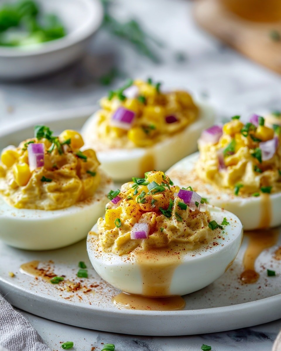 Elote Deviled Eggs: 12 Fiesta Delights Recipe - Recipe Image — Elote Deviled Eggs, Fiesta Deviled Eggs, Mexican Street Corn Deviled Eggs, Summer Appetizer Ideas, Crowd-Pleasing Egg Recipes