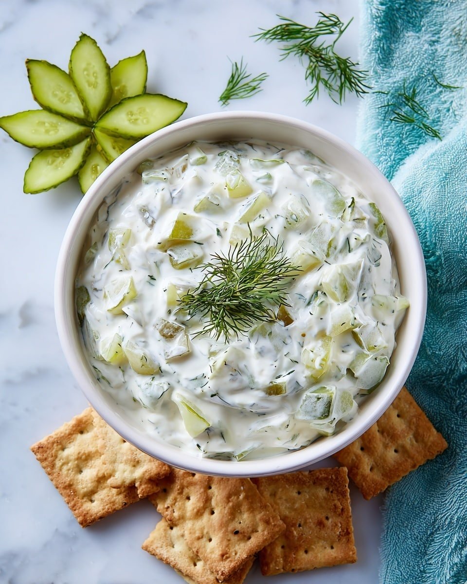 Creamy Dill Pickle Cottage Cheese Dip Recipe - Recipe Image — Creamy Dill Pickle Cottage Cheese Dip, easy dill pickle dip, healthy cottage cheese dip, tangy pickle dip, quick appetizer dip