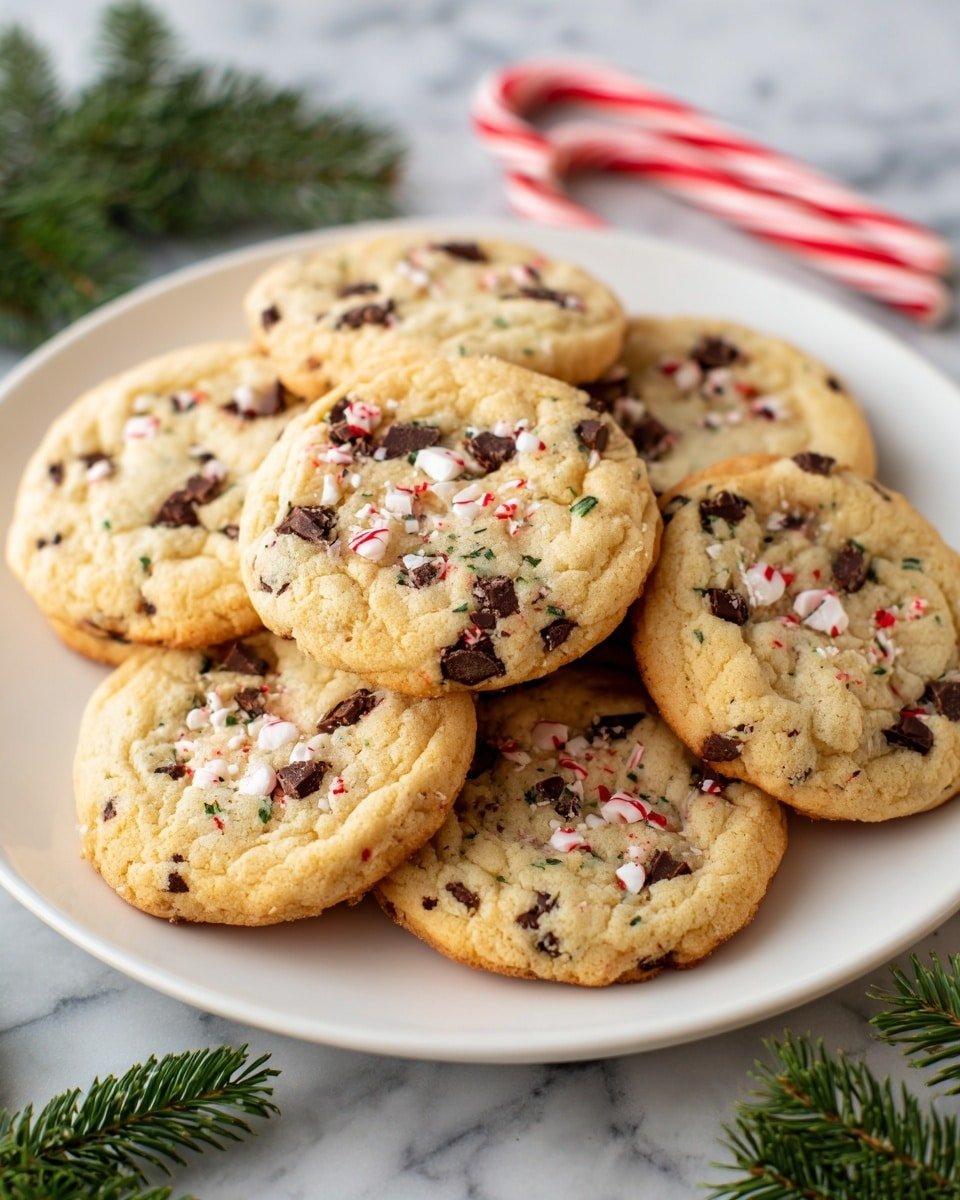 Peppermint Chocolate Chip Cookies Recipe - Recipe Image — Peppermint Chocolate Chip Cookies, holiday cookies, mint chocolate chip cookies, festive cookie recipes, peppermint dessert recipes