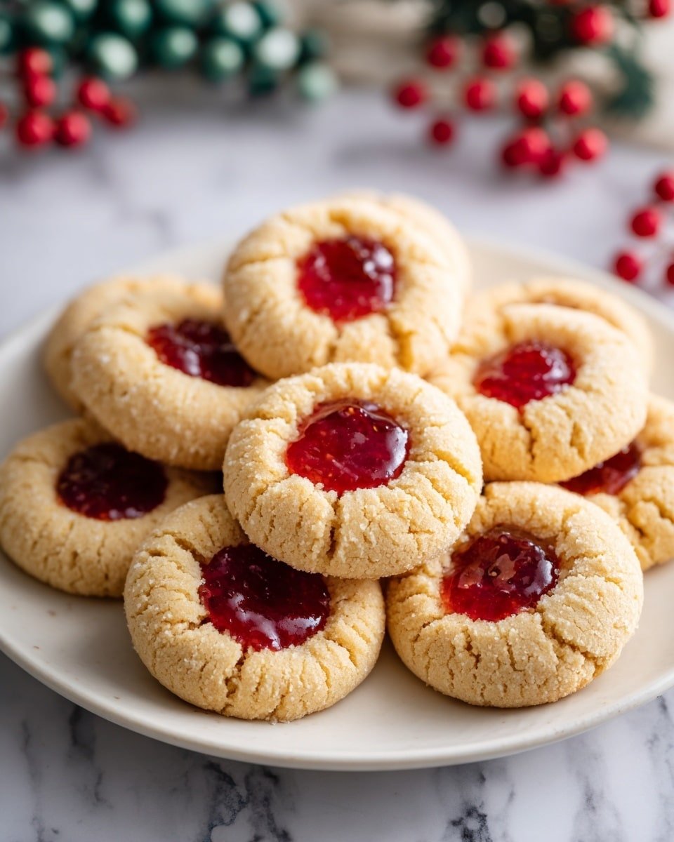 Raspberry Thumbprint Cookies Recipe - Recipe Image — Raspberry Thumbprint Cookies, thumbprint cookies with raspberry jam, homemade raspberry cookies, easy thumbprint cookie recipe, festive raspberry cookies