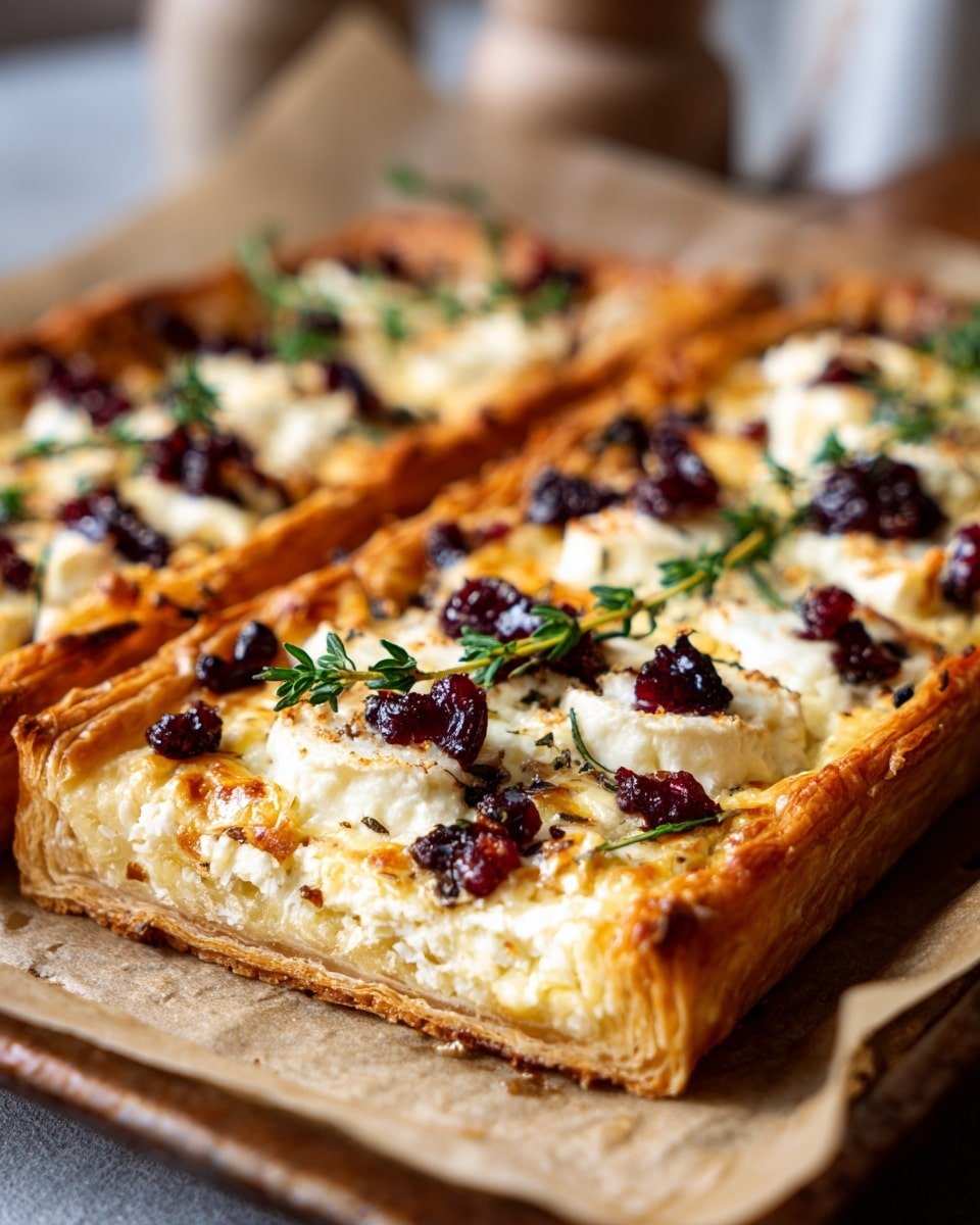 Cranberry Brie Tart with Pancetta & Thyme Recipe - Recipe Image — Cranberry Brie Tart with Pancetta & Thyme, holiday appetizer recipes, easy savory tart, festive brunch ideas, puff pastry tart with cranberry and Brie