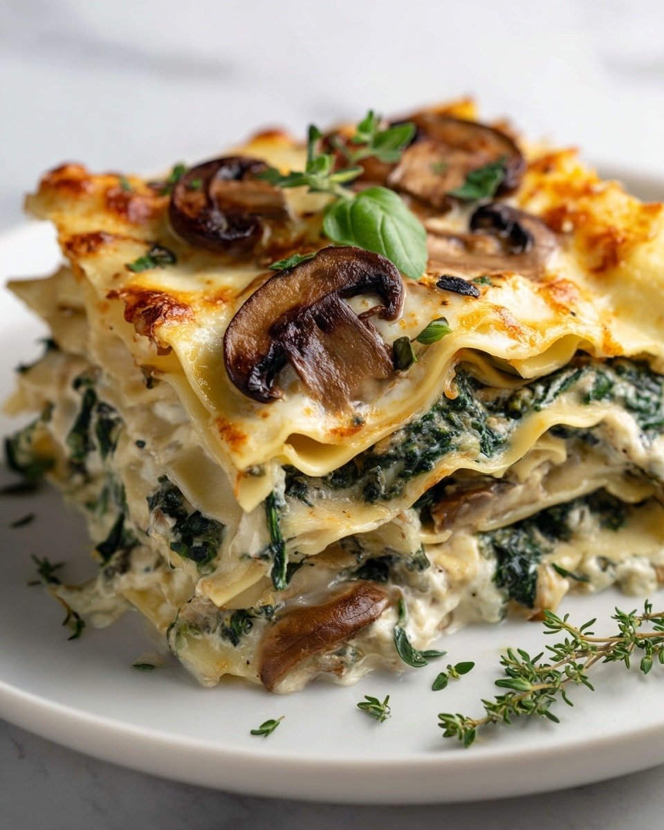 Mushroom and Spinach Lasagna Recipe - Recipe Image — Mushroom and Spinach Lasagna, vegetarian lasagna, healthy Italian casserole, easy veggie lasagna, comforting mushroom spinach dish