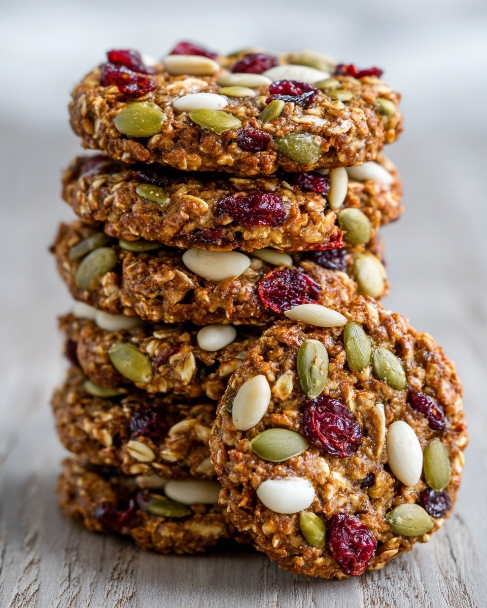 A close-up of a stack of eight round granola cookies placed on a wooden surface with a white marbled texture in the background. The cookies have a rich brown base and are packed with visible oats, bright green pumpkin seeds, whole red cranberries, light brown almonds, and creamy white peanuts scattered on the top layer. The front cookie leans against the stack, showing all its textured details and colorful nuts and seeds on its surface. The overall look is crunchy and rich in natural nutty colors, with a warm, inviting feel. Photo taken with an iphone --ar 4:5 --v 7 — Healthy Nut & Seed Energy Cookies, nutritious energy cookies, wholesome snack recipes, homemade healthy cookies, quick healthy snack ideas
