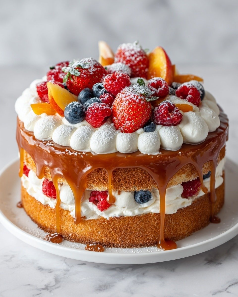 A two-layer round cake sits on a white plate over a white marbled surface. The bottom layer is a golden brown sponge with cream and mixed berries like blueberries and raspberries in the middle. The top layer is covered with thick cream, shiny caramel sauce dripping down the sides, and topped with red raspberries, strawberries, blueberries, peach slices, and small white dollops of whipped cream, all dusted lightly with powdered sugar. Photo taken with an iphone --ar 4:5 --v 7 — Heaven on Earth Cake, no-bake dessert, layered berry cake, easy summer dessert, creamy fruit cake