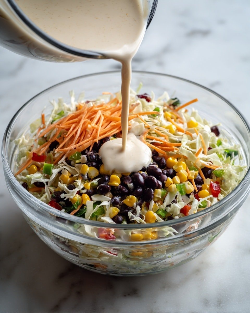 A clear glass bowl filled with a colorful mixture layered with shredded white cabbage, orange carrot strips, black beans, yellow corn kernels, green chopped peppers, and small bits of red pepper all mixed together. From the top left corner, a white creamy sauce is being poured in a smooth stream onto the salad, creating a small pool in the center. The bowl sits on a white marbled surface. photo taken with an iphone --ar 4:5 --v 7 — Frito Cowboy Cabbage Salad with Chipotle Dressing, Cowboy Cabbage Salad, Spicy Frito Salad, Summer Cabbage Salad, Chipotle Dressing Recipes