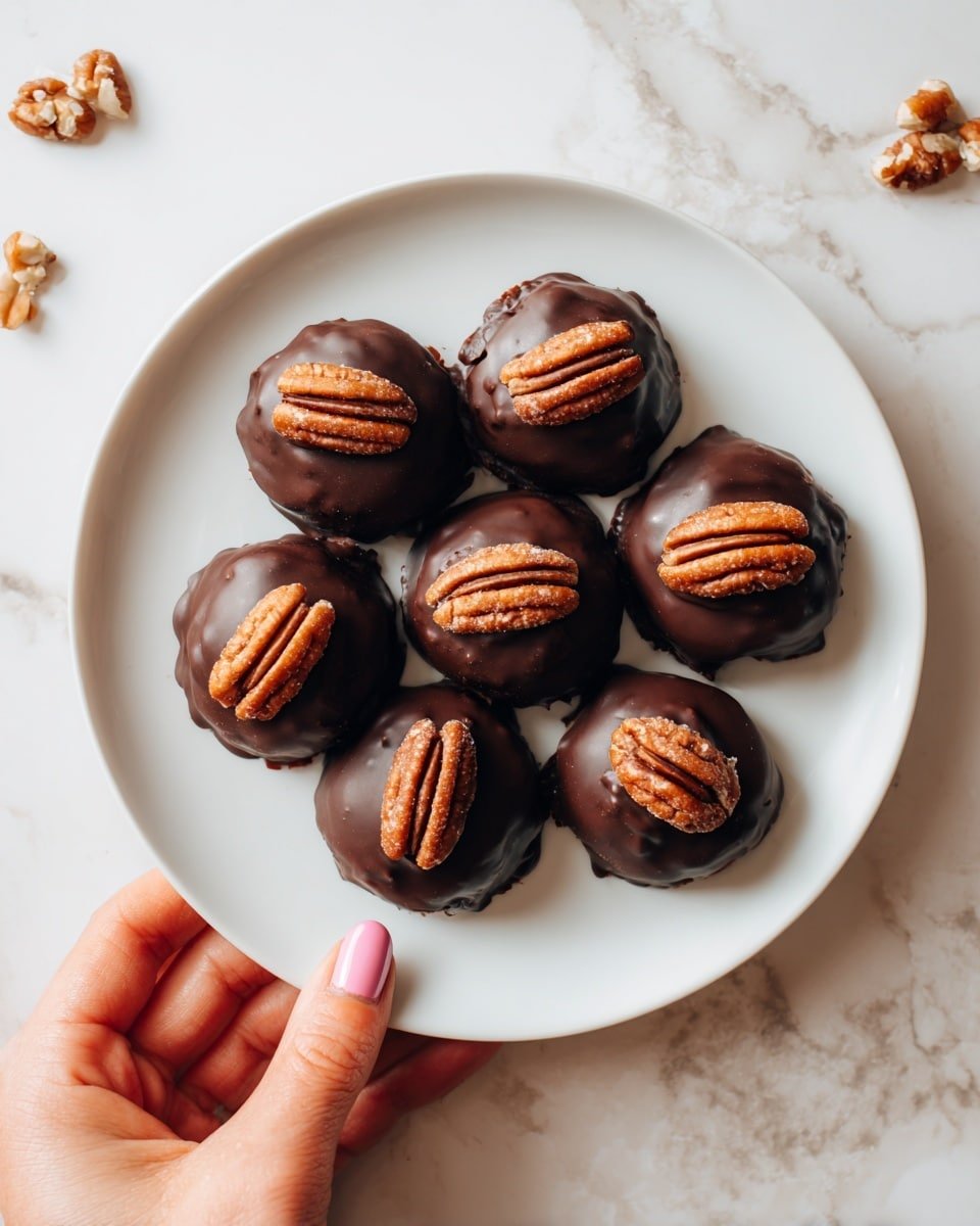 Seven round dark brown chocolate-covered treats are placed on a white plate. Each treat has one pecan half pressed on top, showing a textured, light brown nut layer. The chocolate coating looks smooth with slight uneven edges where it spreads beneath the treats. The plate is held by a woman's hand with pale pink nail polish, visible at the bottom left corner. The background surface has a white marbled texture with some scattered pecan pieces near the plate. photo taken with an iphone --ar 4:5 --v 7 — Salad with Orange Vinaigrette, citrus salad, healthy orange salad, fresh greens with citrus dressing, easy vinaigrette salad