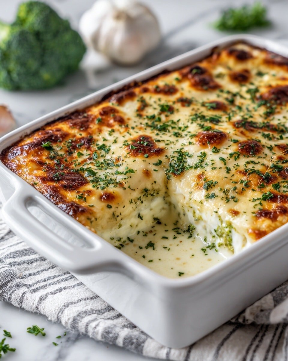 A white rectangular baking dish holds a baked dish with two main visible layers: the bottom layer is a creamy mixture, and the top layer is a browned, melted cheese crust with small spots of darker golden brown, sprinkled with finely chopped green herbs spread evenly on top. The dish rests on a white and gray striped cloth that lies on a white marbled surface. In the background, there are blurred elements including a head of broccoli and garlic. The lighting is soft and natural, highlighting the bubbling texture of the cheese layer. photo taken with an iphone --ar 4:5 --v 7 — Keto Chicken and Broccoli Casserole, low-carb chicken casserole, keto healthy dinner, cheesy chicken and broccoli bake, keto meal prep casserole