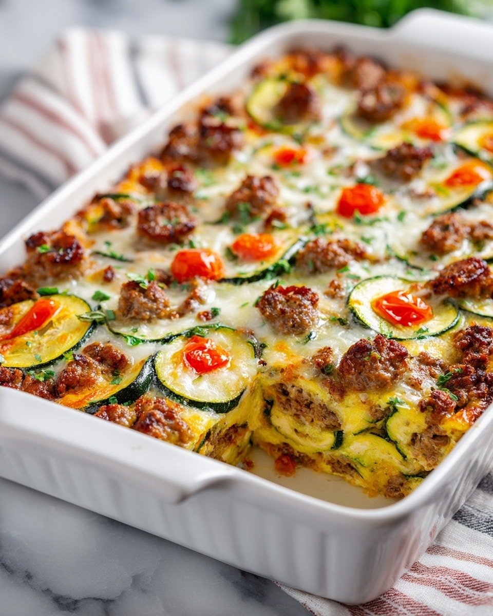 Keto Zucchini and Sausage Casserole Recipe - Recipe Image — Keto Zucchini and Sausage Casserole, low-carb zucchini casserole, keto sausage dinner, healthy zucchini sausage recipe, easy keto casserole