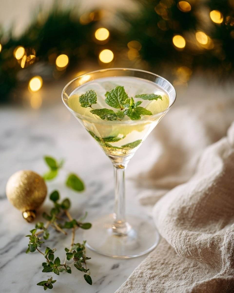 Mistletoe Gin Martini Recipe - Recipe Image — Mistletoe Gin Martini, festive gin cocktails, holiday martini recipes, Christmas cocktail ideas, elegant holiday drinks