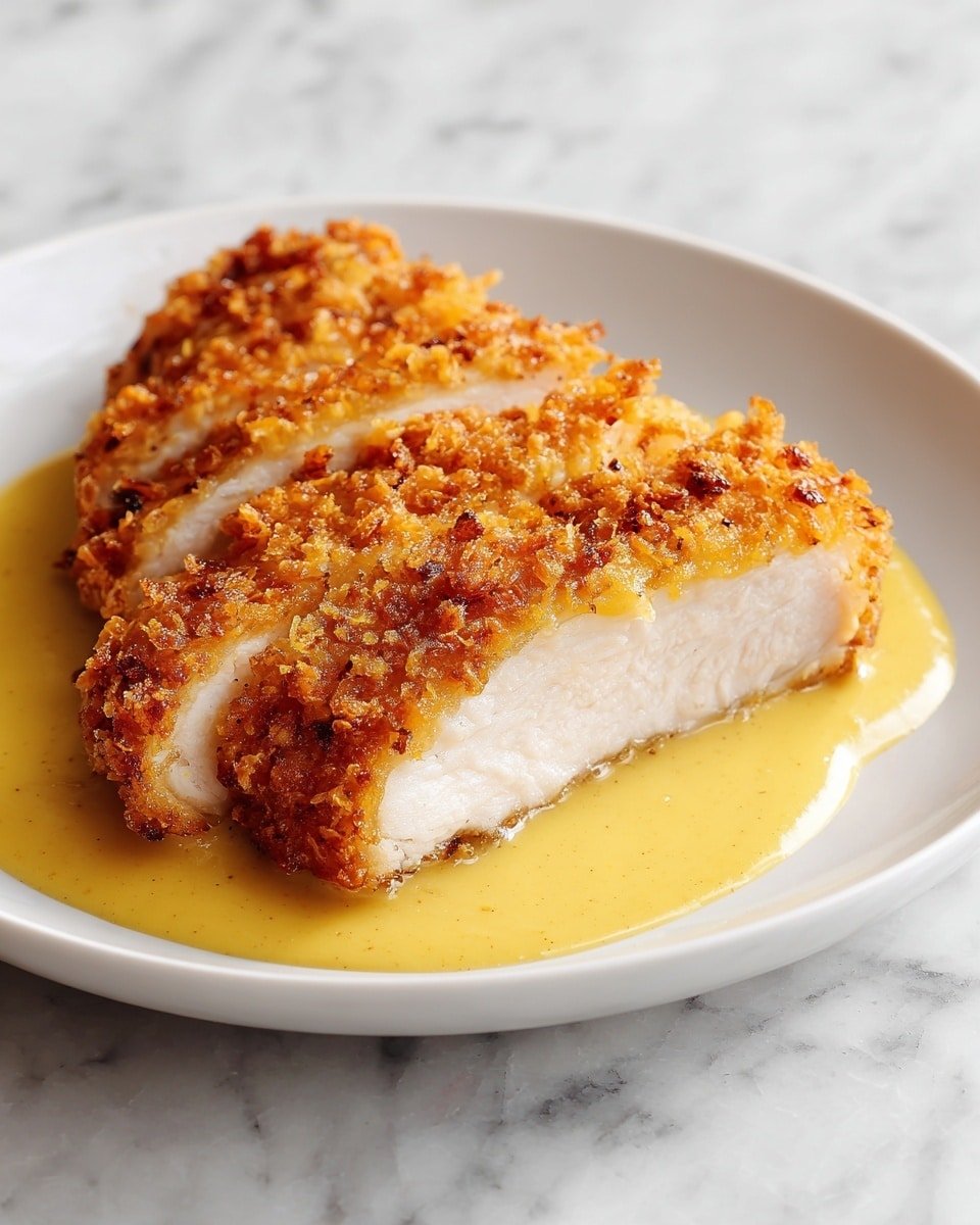 Savory Pretzel Chicken with Mustard-Cheddar Sauce Recipe - Recipe Image — Savory Pretzel Chicken with Mustard-Cheddar Sauce, crunchy chicken with pretzel crust, easy savory chicken dinner, quick weeknight chicken recipes, mustard cheddar sauce for chicken