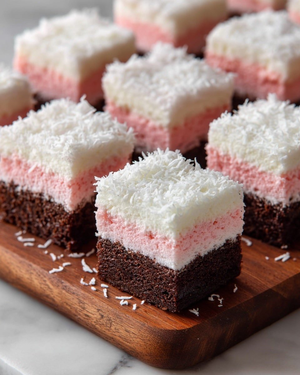 Pink Coconut Snowball Cake Bars Recipe - Recipe Image — Pink Coconut Snowball Cake Bars, tropical dessert, colorful cake bars, easy party treats, coconut chocolate bars