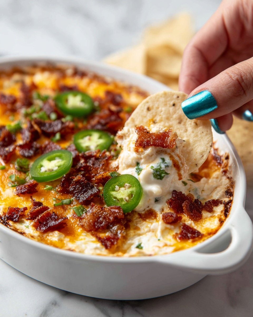 Baked Chuy’s Jalapeno Chicken Dip Recipe - Recipe Image — Baked Chuy’s Jalapeno Chicken Dip, spicy chicken dip recipe, party appetizer, cheesy baked chicken dip, easy game day dip