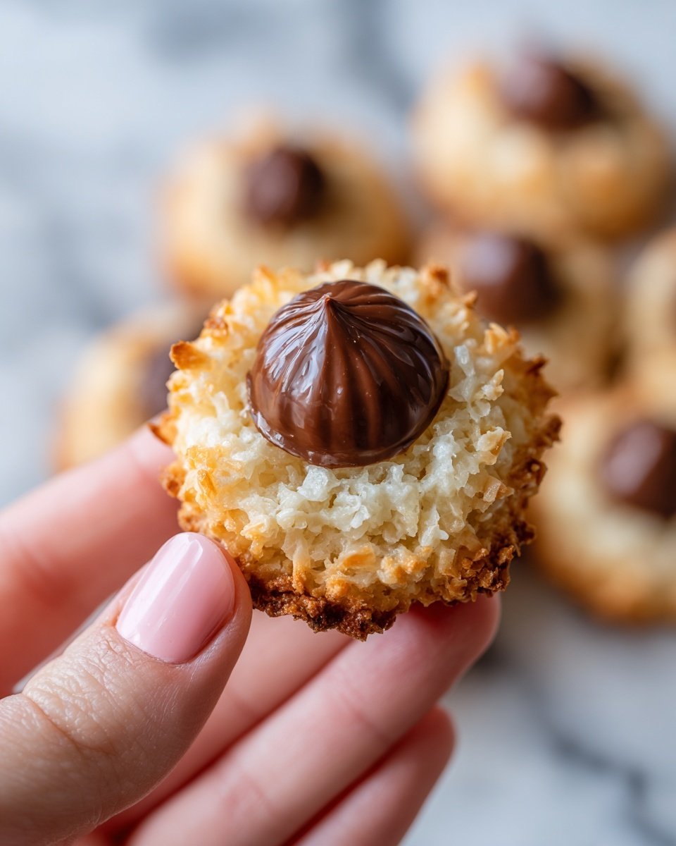 Coconut Macaroon Blossoms Recipe - Recipe Image — Coconut Macaroon Blossoms, Coconut Macaroon Recipe, Chocolate-Topped Cookies, Holiday Coconut Cookies, Easy Coconut Desserts
