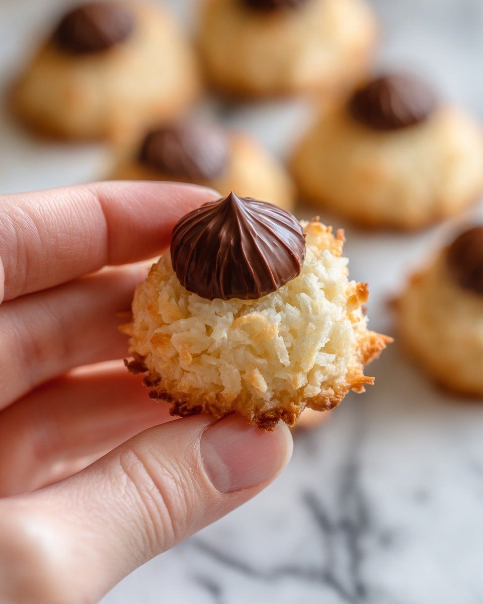 Coconut Macaroon Blossoms Recipe - Recipe Image — Coconut Macaroon Blossoms, Coconut Macaroon Recipe, Chocolate-Topped Cookies, Holiday Coconut Cookies, Easy Coconut Desserts