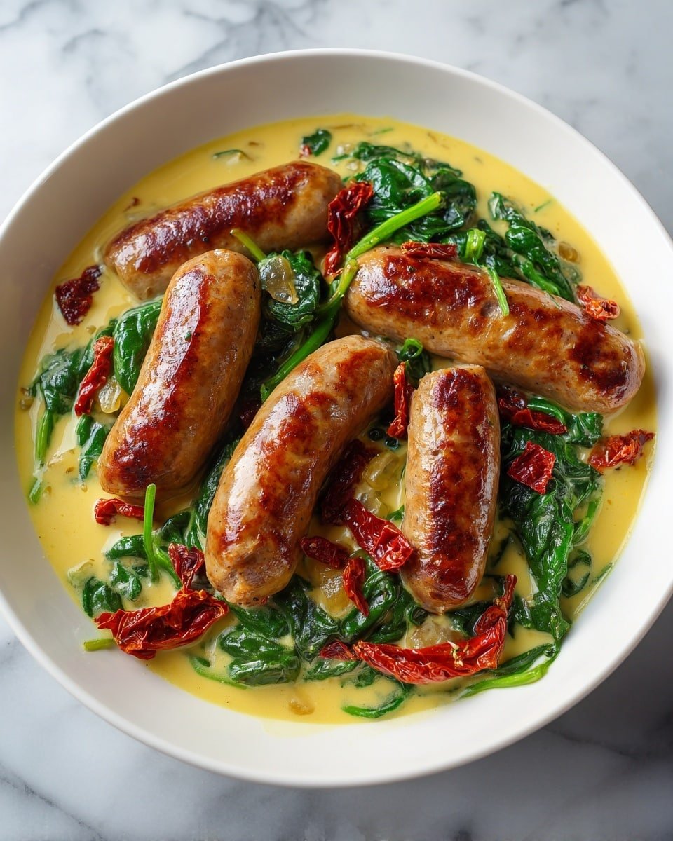 Keto Creamy Tuscan Sausage Recipe - Recipe Image — Keto Creamy Tuscan Sausage, Keto creamy Tuscan sausage recipe, low-carb sausage skillet, creamy sausage dinner, keto Italian sausage recipe