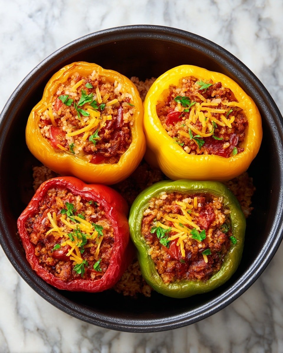 Keto Stuffed Bell Peppers with Beef, Cauliflower Rice, and Cheese Recipe - Recipe Image — Keto Stuffed Bell Peppers with Beef, Cauliflower Rice, and Cheese, keto stuffed peppers, low-carb stuffed peppers, keto beef bell peppers, keto comfort food, healthy stuffed pepper recipe