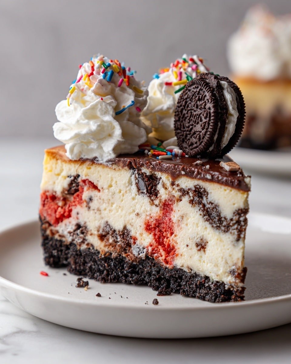 A slice of cheesecake with three visible layers sits on a white plate over a white marbled surface. The bottom layer is crunchy and dark chocolate colored. The middle layer is creamy white cheesecake with swirls of bright red and dark brown cake mixed in. On top, there are two dollops of white whipped cream with colorful sprinkles scattered on and around them. One Oreo cookie stands upright, nestled in the whipped cream on the right side of the slice. The lighting makes the textures soft and inviting. Photo taken with an iphone --ar 4:5 --v 7 — Christmas Red Velvet Cheesecake, red velvet cheesecake, festive holiday dessert, Christmas cheesecake recipe, holiday dessert ideas
