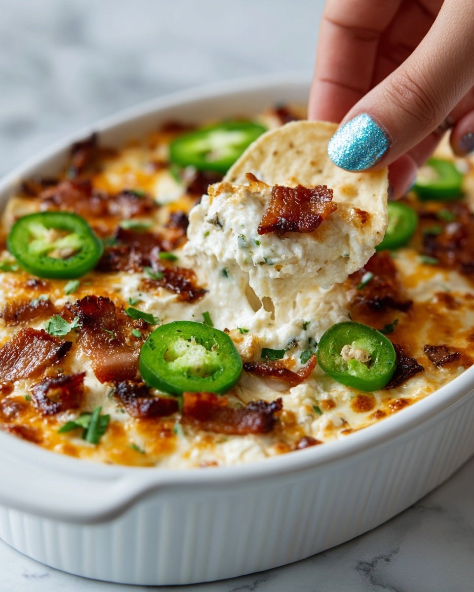 Baked Chuy’s Jalapeno Chicken Dip Recipe - Recipe Image — Baked Chuy’s Jalapeno Chicken Dip, spicy chicken dip recipe, party appetizer, cheesy baked chicken dip, easy game day dip